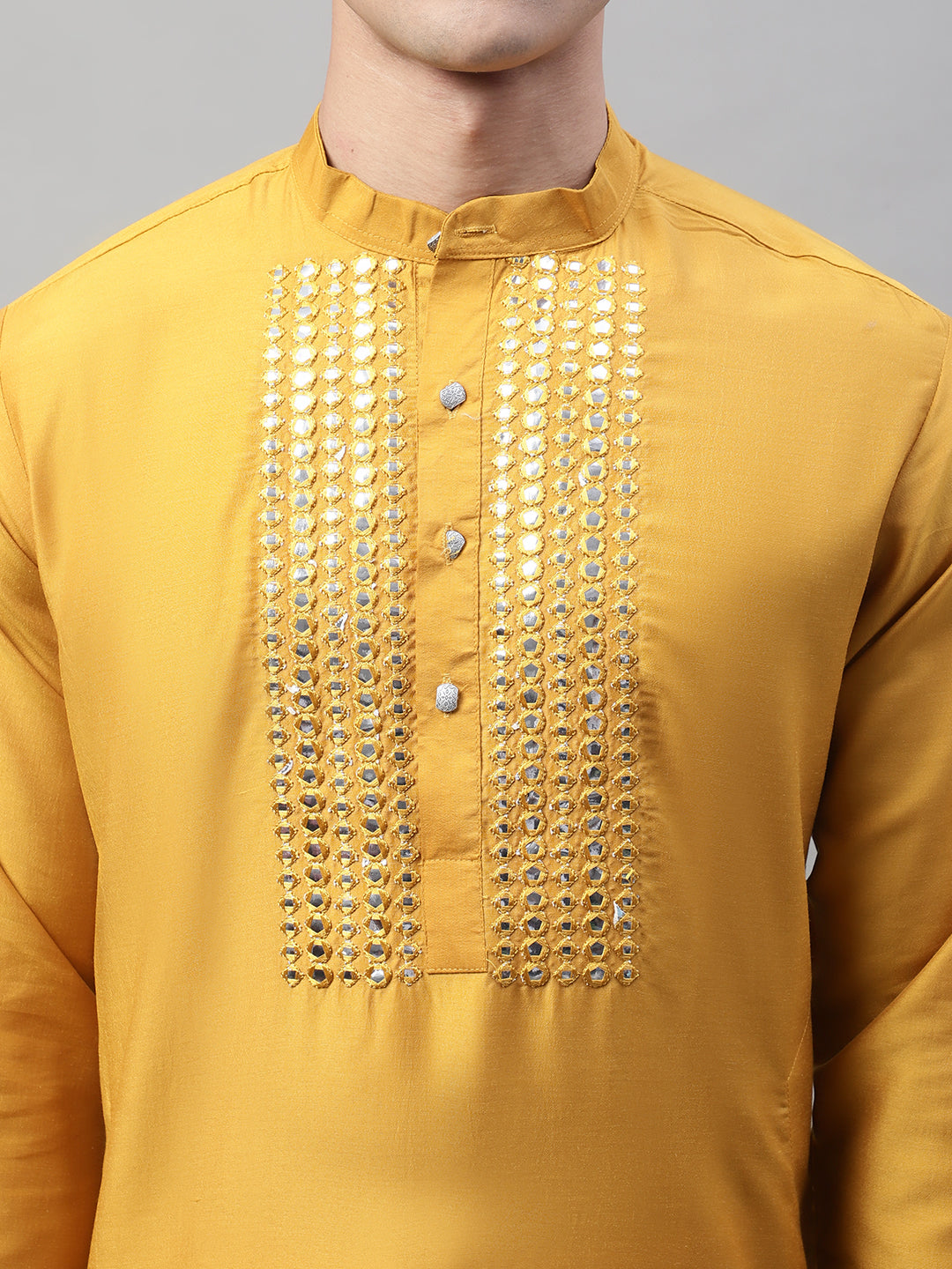 Men's Mustard Cotton Silk Mirror Work Kurta Pyjama