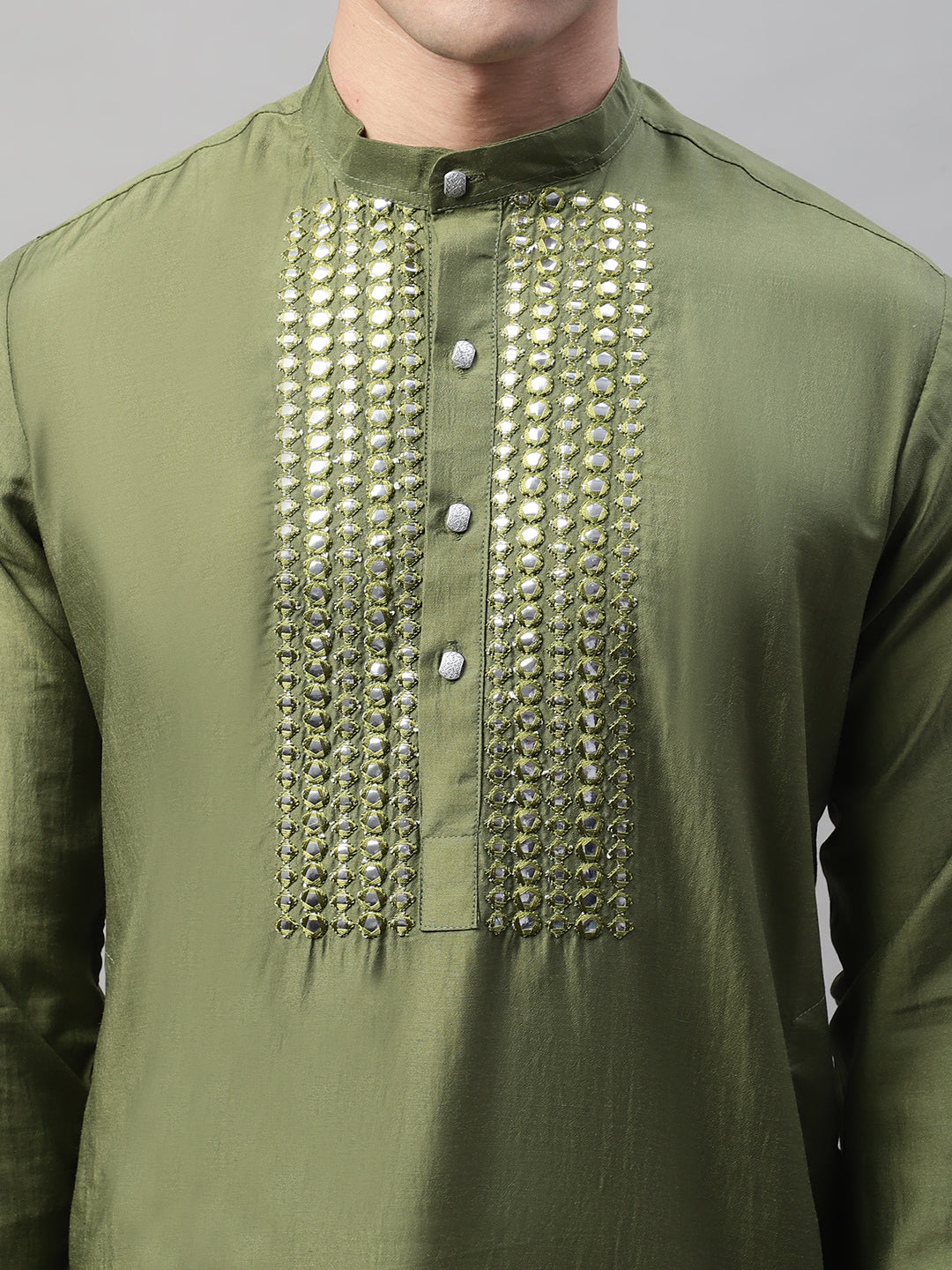 Men's Olive Green Cotton Silk Mirror Work Kurta Pyjama