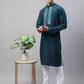 Men's Teal Blue Cotton Silk Mirror Work Kurta Pyjama