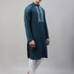 Men's Teal Blue Cotton Silk Mirror Work Kurta Pyjama