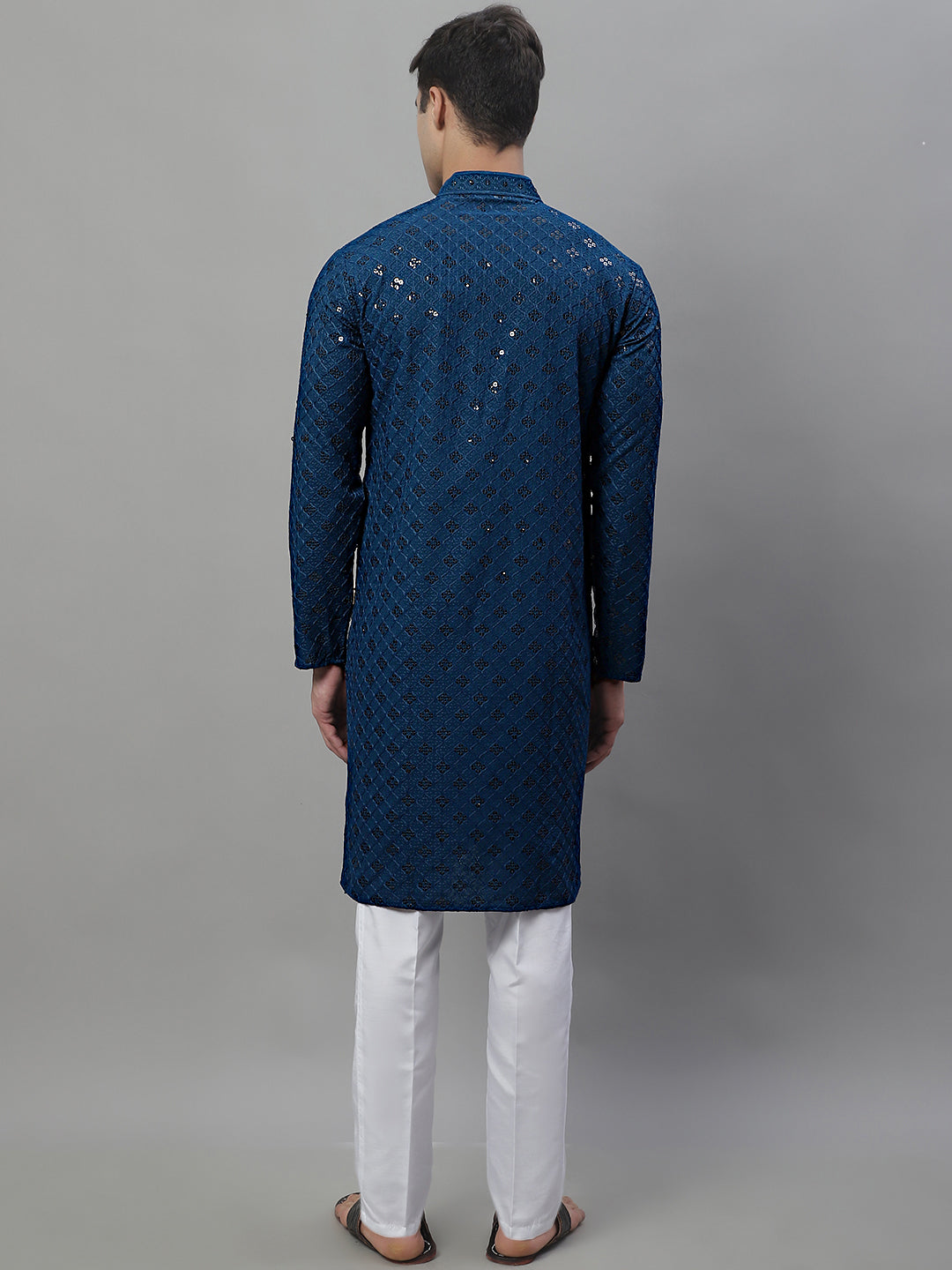 Men's Peacock Blue Chikankari Embroidered and Sequence Kurta with Pyjama.