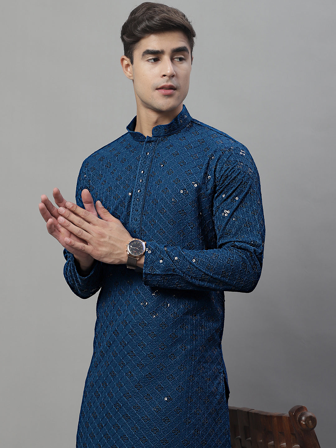 Men's Peacock Blue Chikankari Embroidered and Sequence Kurta with Pyjama.