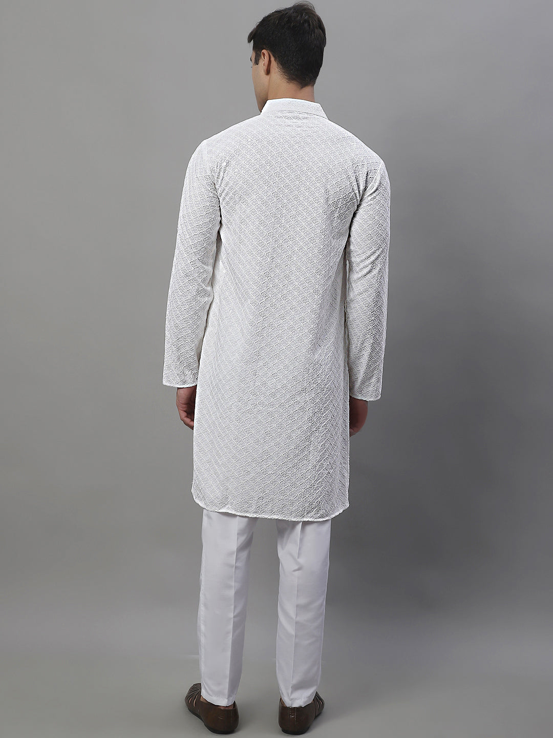 Men's White Chikankari Embroidered and Sequence Kurta with Pyjama.