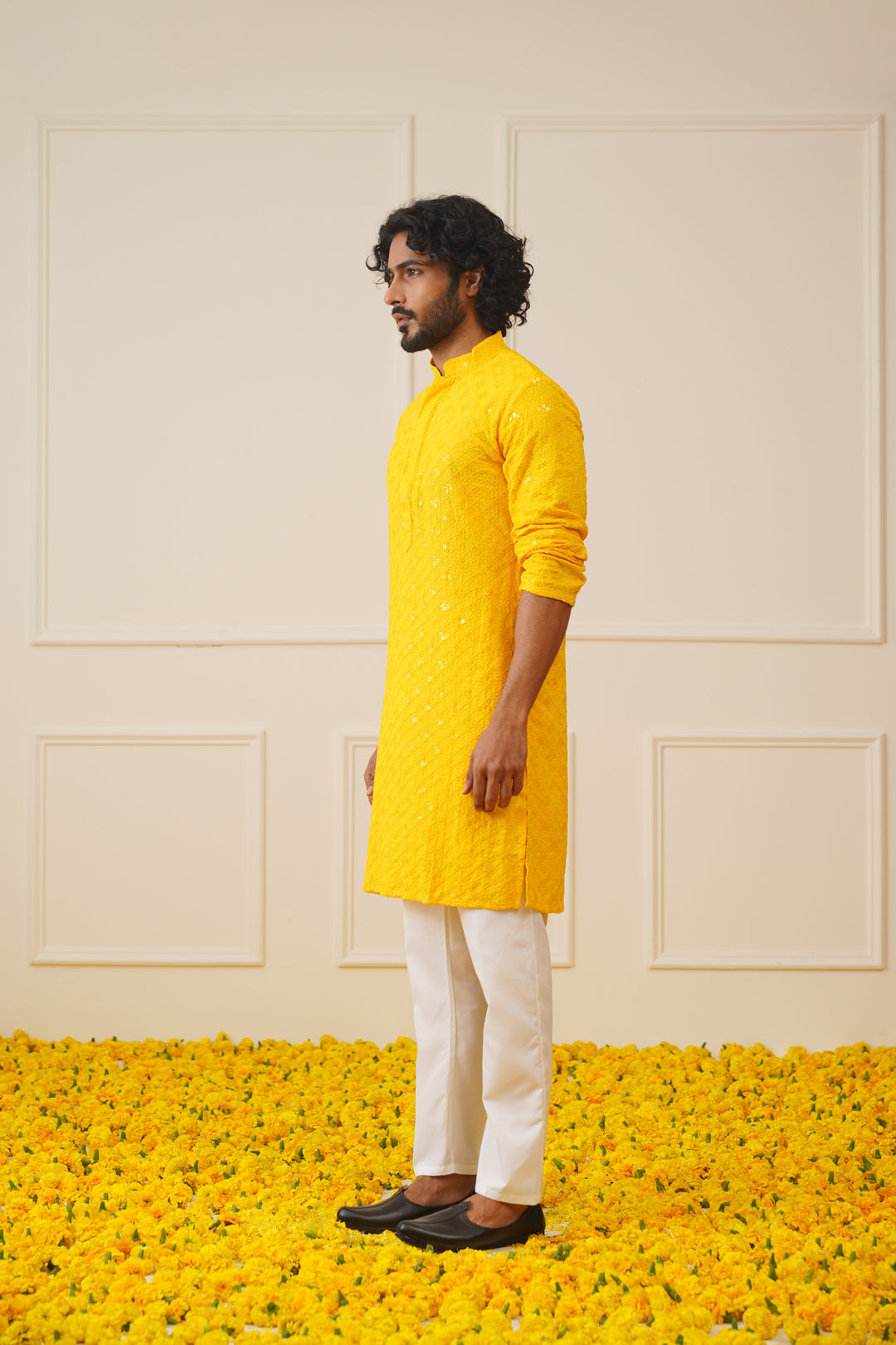 Men's Yellow Chikankari Embroidered and Sequence Kurtas