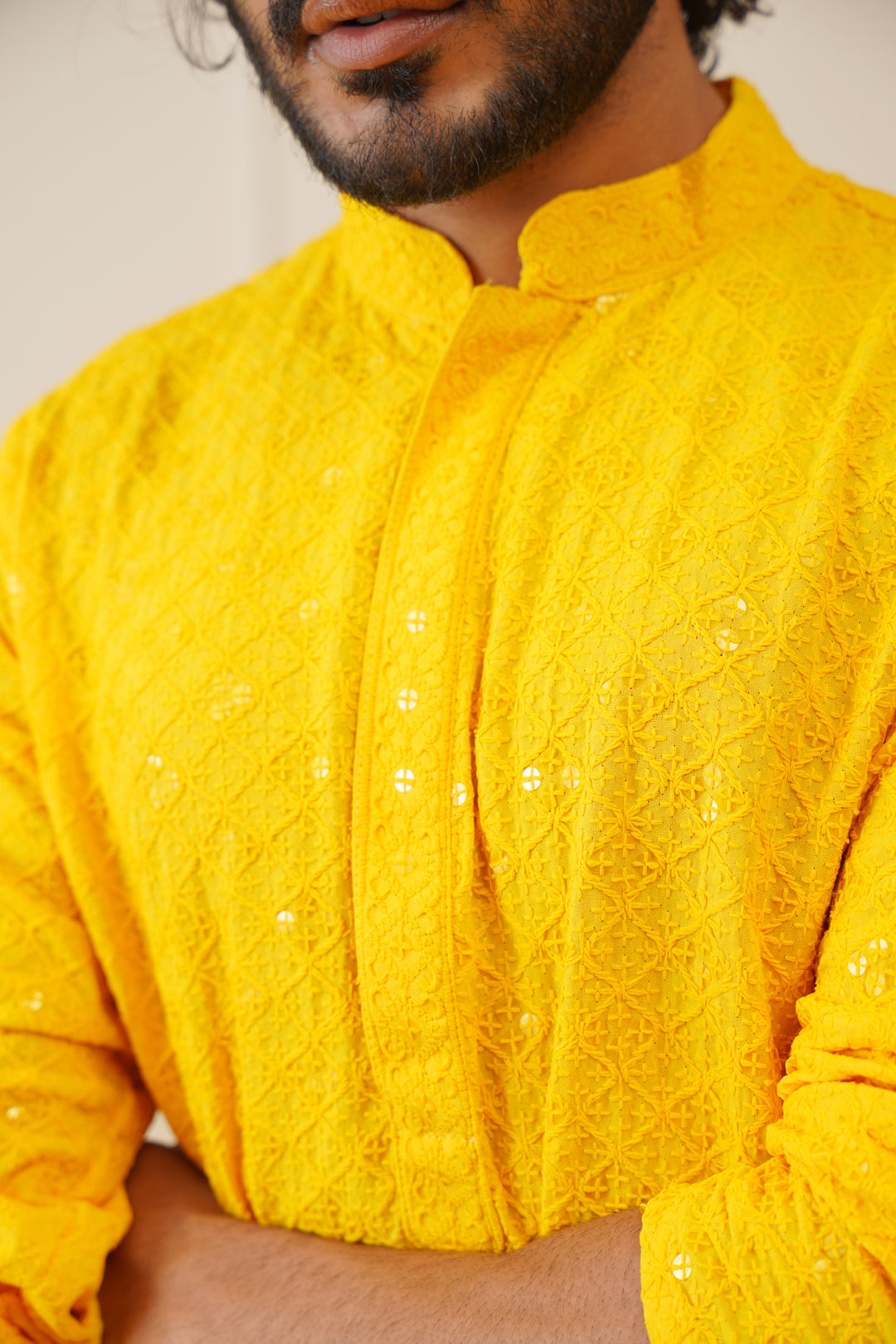 Men's Yellow Chikankari Embroidered and Sequence Kurtas