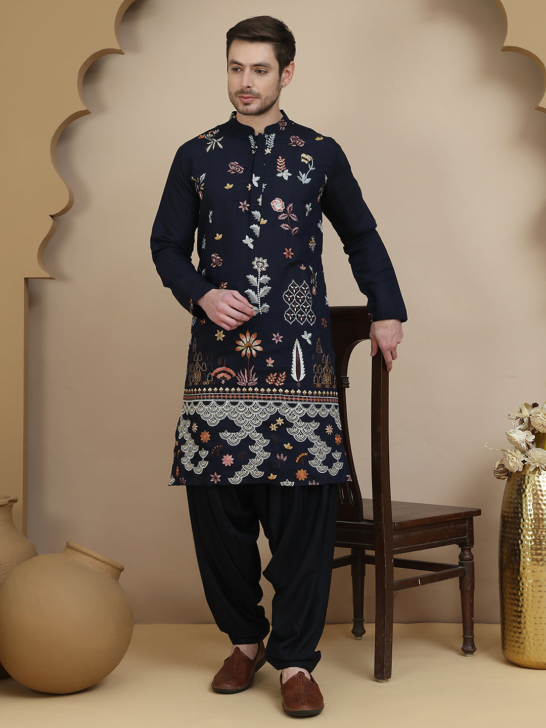 Embroidered Silk Blend Kurta with White Salwar ( JOKP SP-B 5140 Navy )