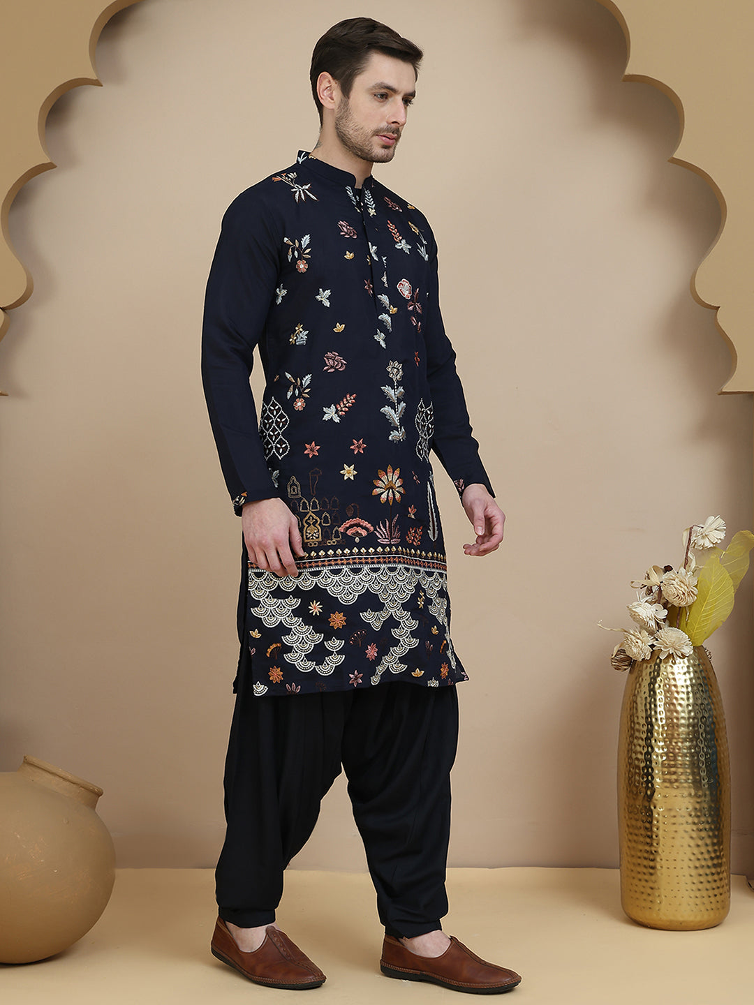 Embroidered Silk Blend Kurta with White Salwar ( JOKP SP-B 5140 Navy )