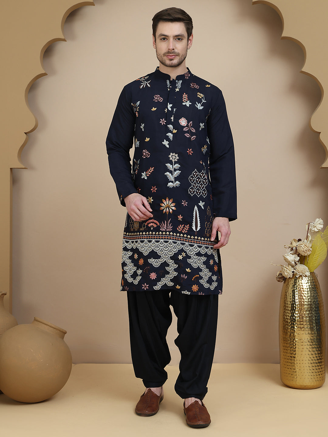 Embroidered Silk Blend Kurta with White Salwar ( JOKP SP-B 5140 Navy )