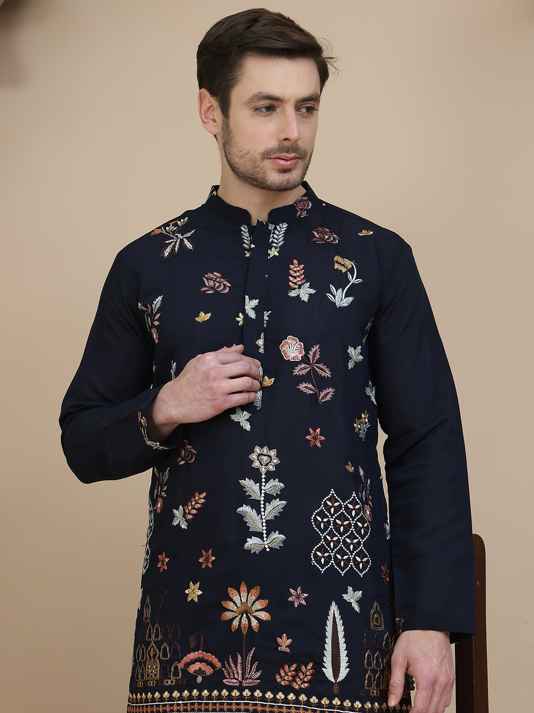 Embroidered Silk Blend Kurta with White Salwar ( JOKP SP-B 5140 Navy )