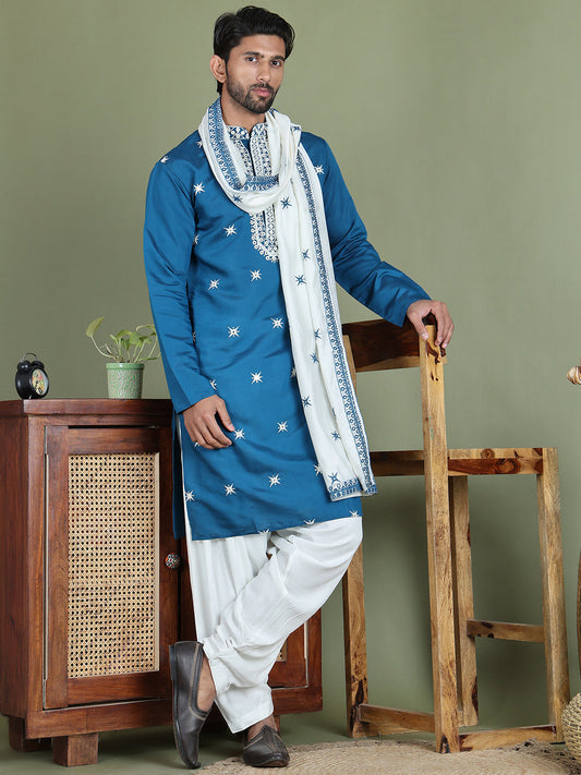 Embroidered Blue Silk Blend Kurta Salwar and Dupatta Set for Men ( JOKP SP-D 5077Peacock )