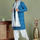 Embroidered Blue Silk Blend Kurta Salwar and Dupatta Set for Men ( JOKP SP-D 5077Peacock )
