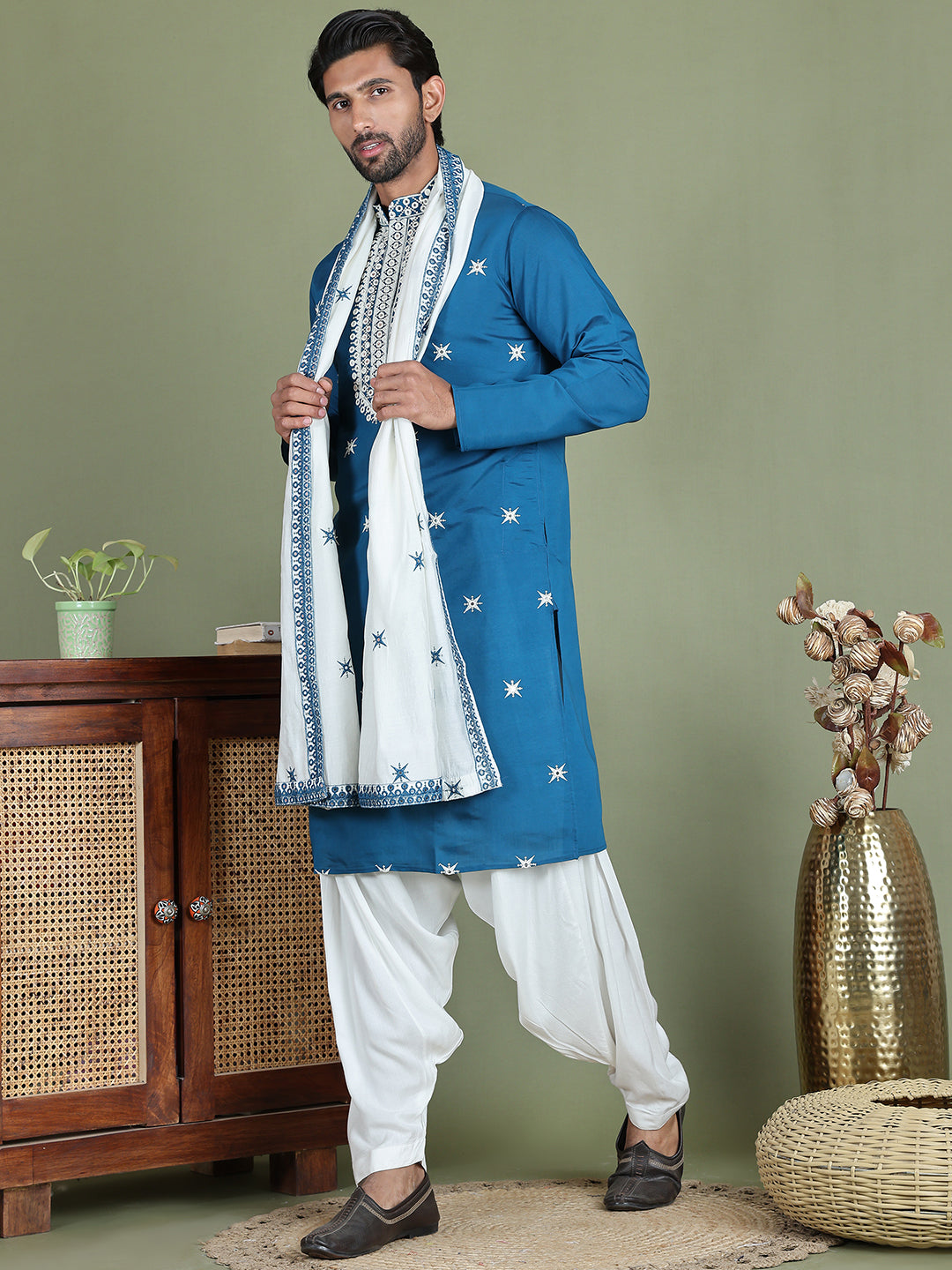 Embroidered Blue Silk Blend Kurta Salwar and Dupatta Set for Men ( JOKP SP-D 5077Peacock )