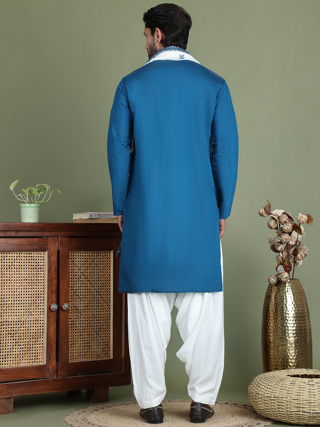 Embroidered Blue Silk Blend Kurta Salwar and Dupatta Set for Men ( JOKP SP-D 5077Peacock )