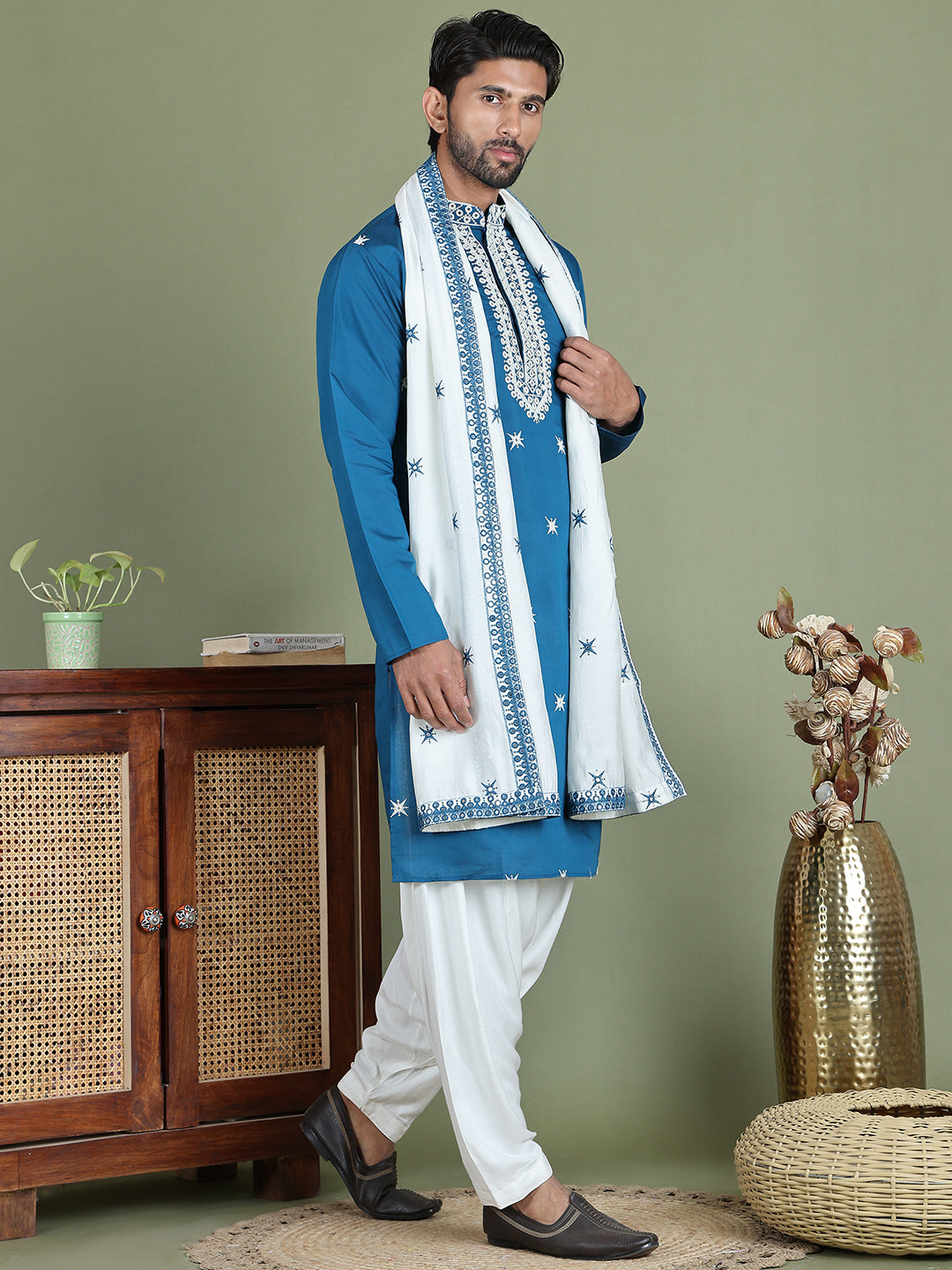 Embroidered Blue Silk Blend Kurta Salwar and Dupatta Set for Men ( JOKP SP-D 5077Peacock )