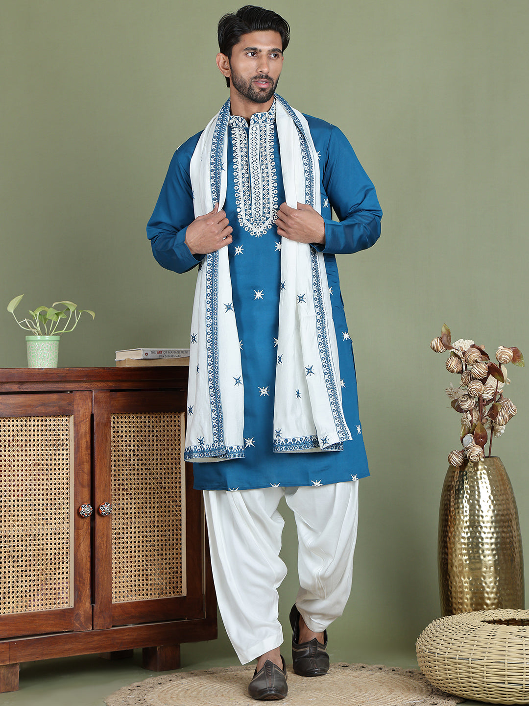 Embroidered Blue Silk Blend Kurta Salwar and Dupatta Set for Men ( JOKP SP-D 5077Peacock )