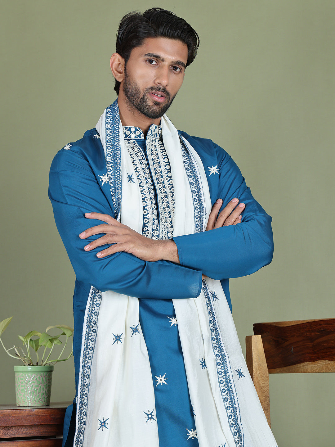 Embroidered Blue Silk Blend Kurta Salwar and Dupatta Set for Men ( JOKP SP-D 5077Peacock )