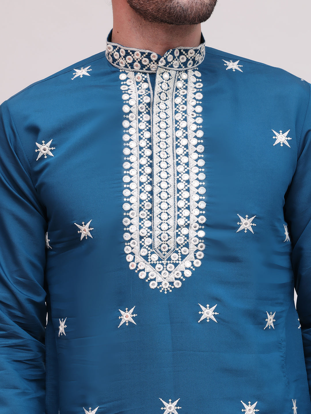 Embroidered Blue Silk Blend Kurta Salwar and Dupatta Set for Men ( JOKP SP-D 5077Peacock )