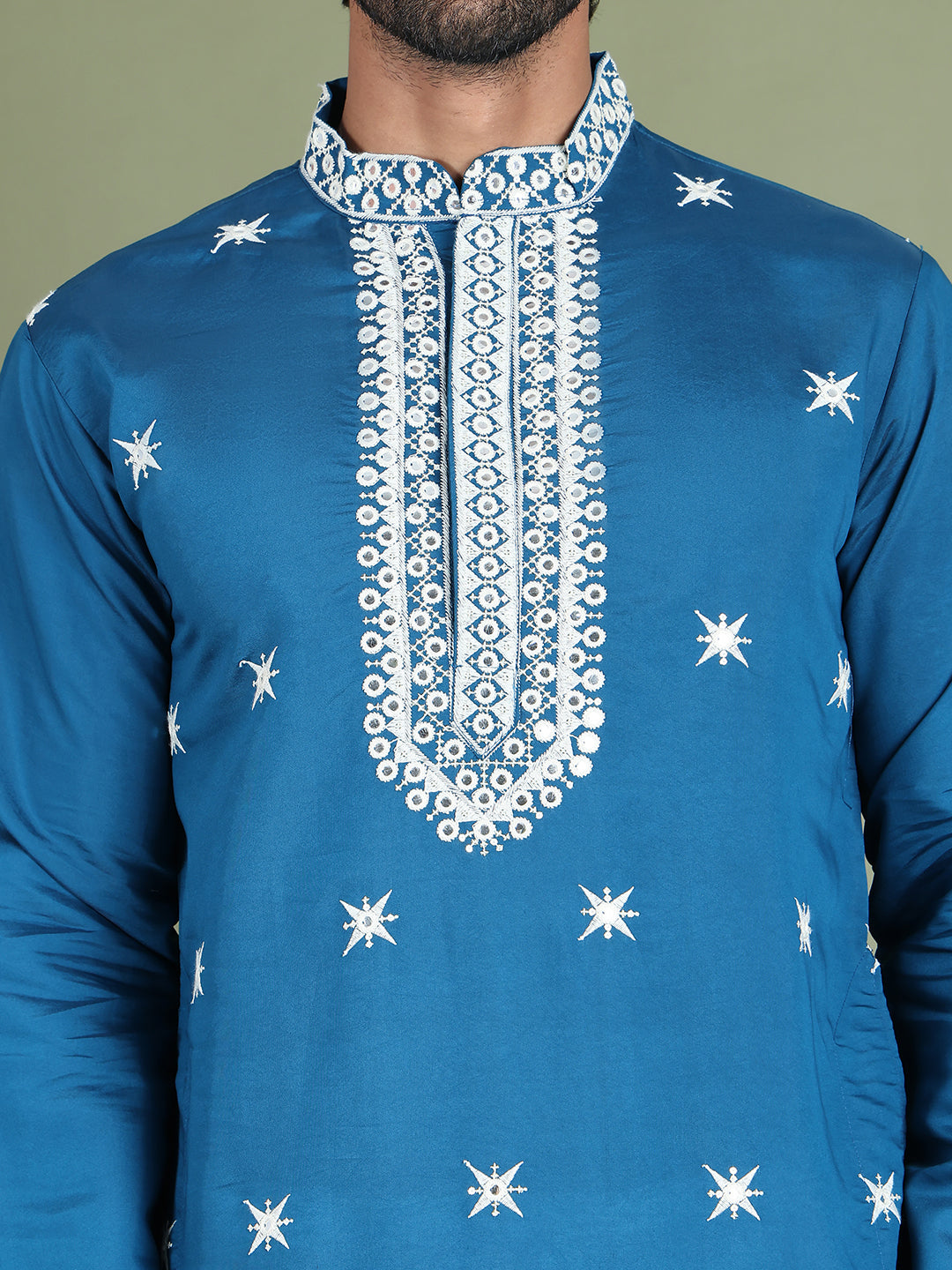 Embroidered Blue Silk Blend Kurta Salwar and Dupatta Set for Men ( JOKP SP-D 5077Peacock )