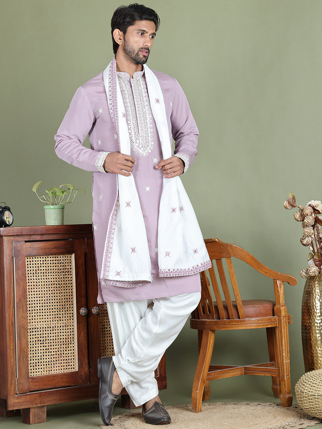 Embroidered Blue Silk Blend Kurta Salwar and Dupatta Set for Men ( JOKP SP-D 5077Purple )