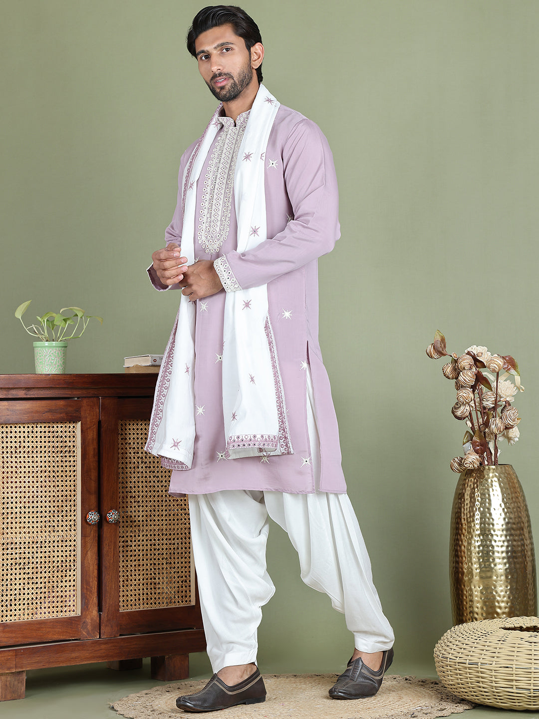 Embroidered Blue Silk Blend Kurta Salwar and Dupatta Set for Men ( JOKP SP-D 5077Purple )