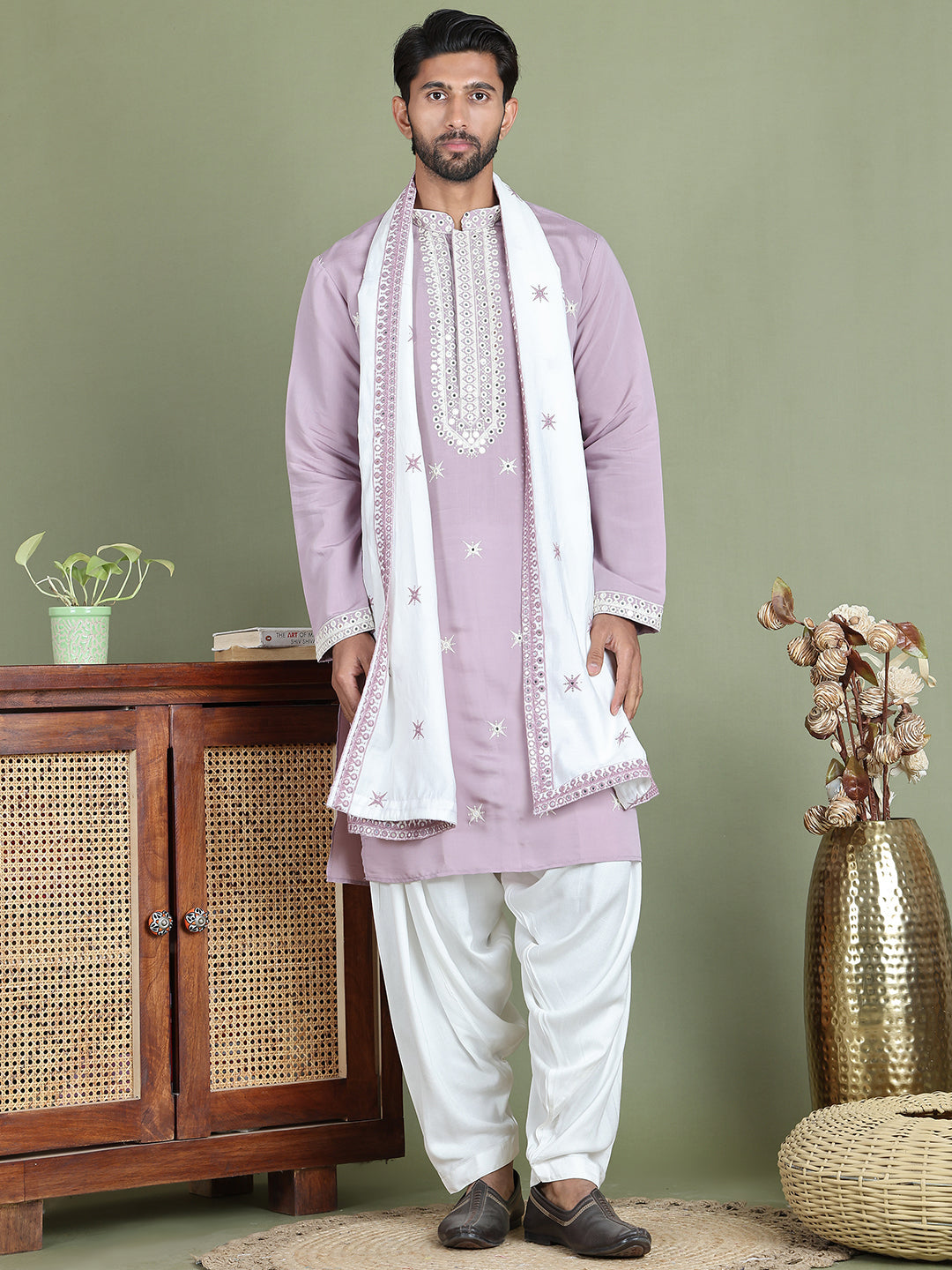 Embroidered Blue Silk Blend Kurta Salwar and Dupatta Set for Men ( JOKP SP-D 5077Purple )