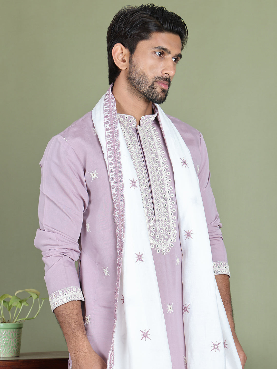 Embroidered Blue Silk Blend Kurta Salwar and Dupatta Set for Men ( JOKP SP-D 5077Purple )