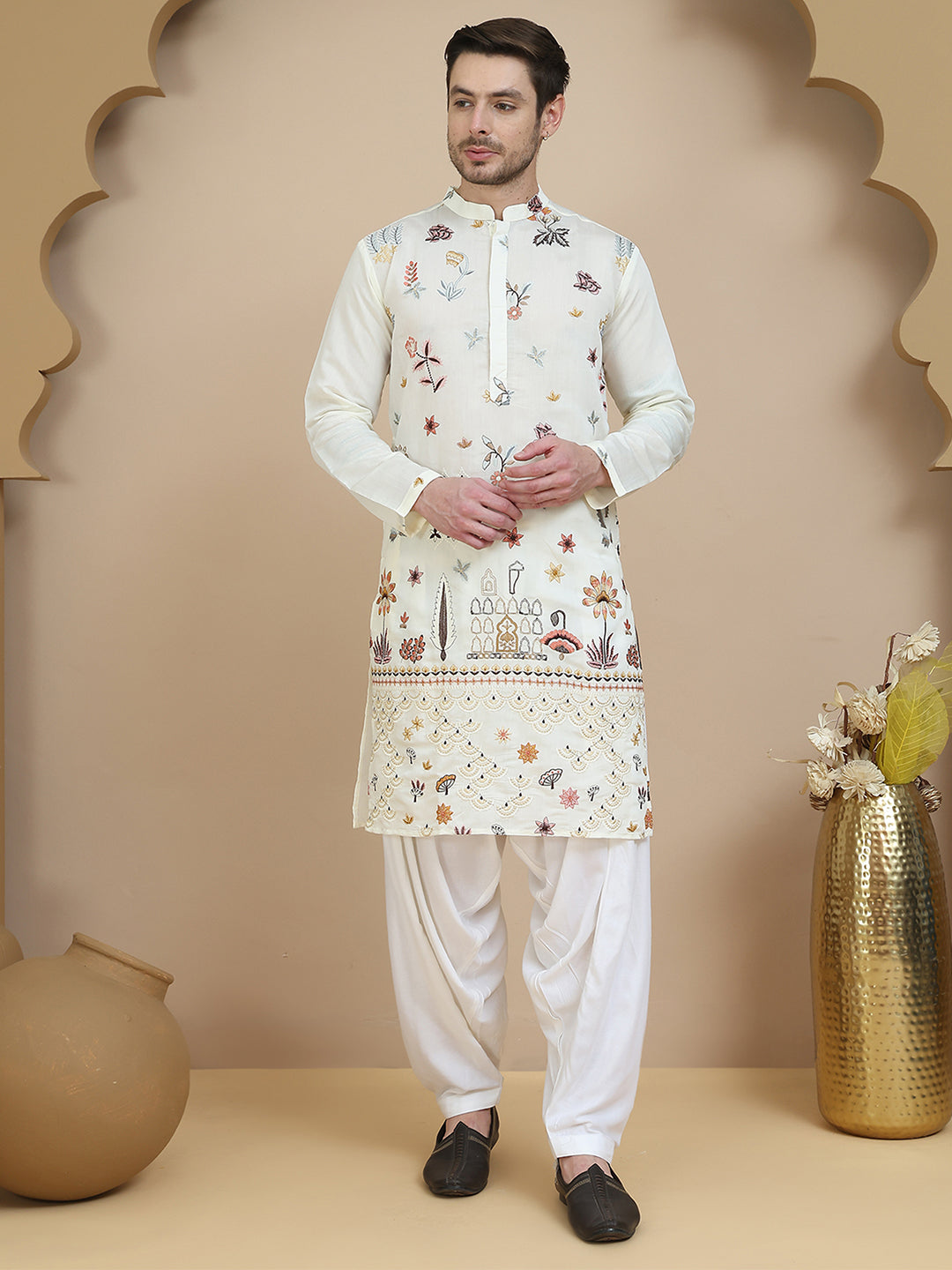 Embroidered Silk Blend Kurta with White Salwar ( JOKP SP-W 5140 White )