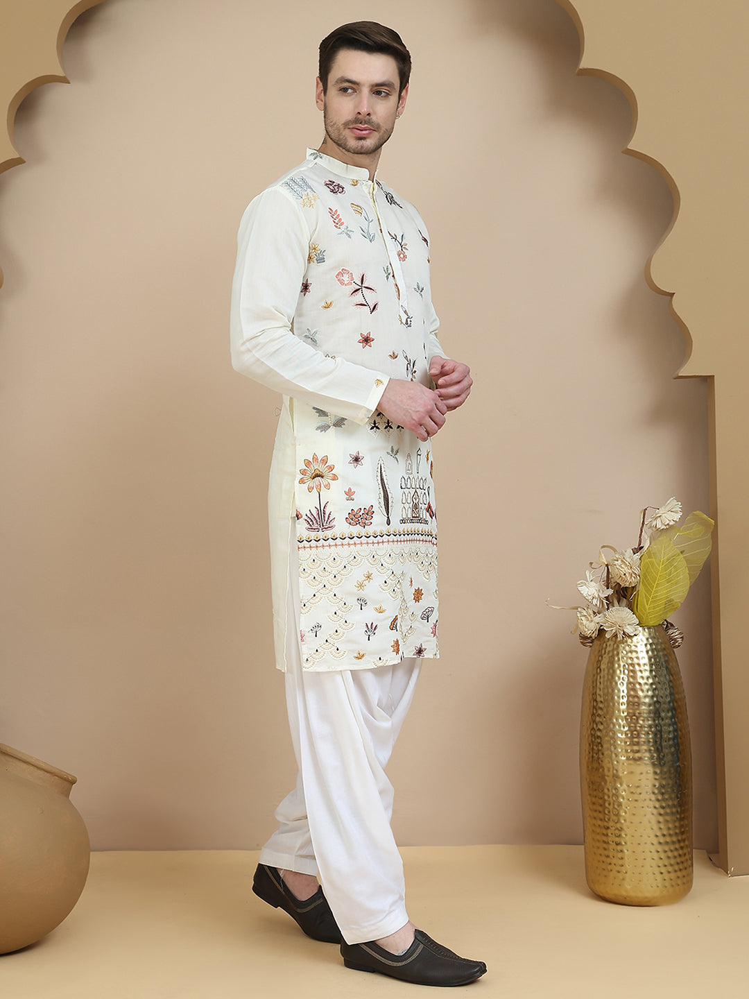Embroidered Silk Blend Kurta with White Salwar ( JOKP SP-W 5140 White )