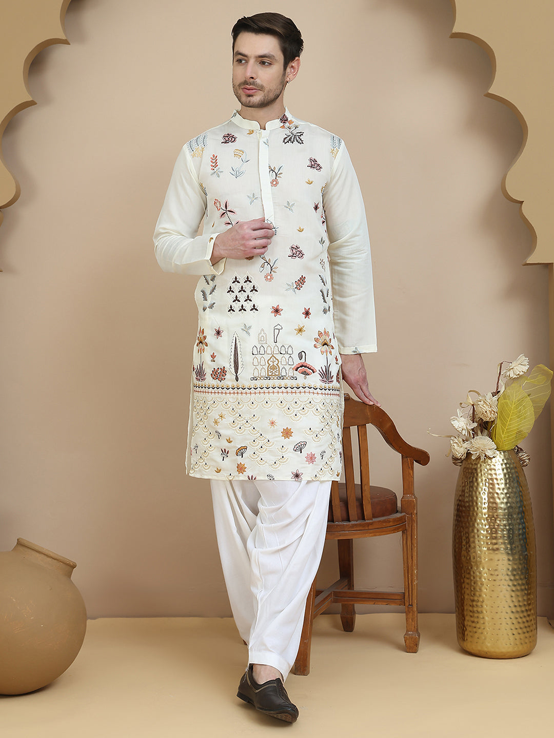 Embroidered Silk Blend Kurta with White Salwar ( JOKP SP-W 5140 White )