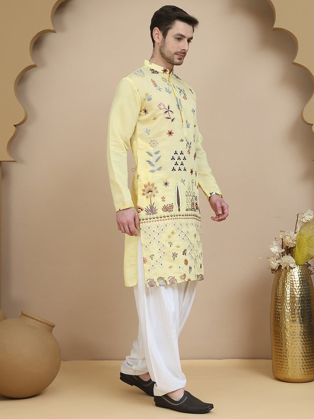 Embroidered Silk Blend Kurta with White Salwar ( JOKP SP-W 5140 Yellow )