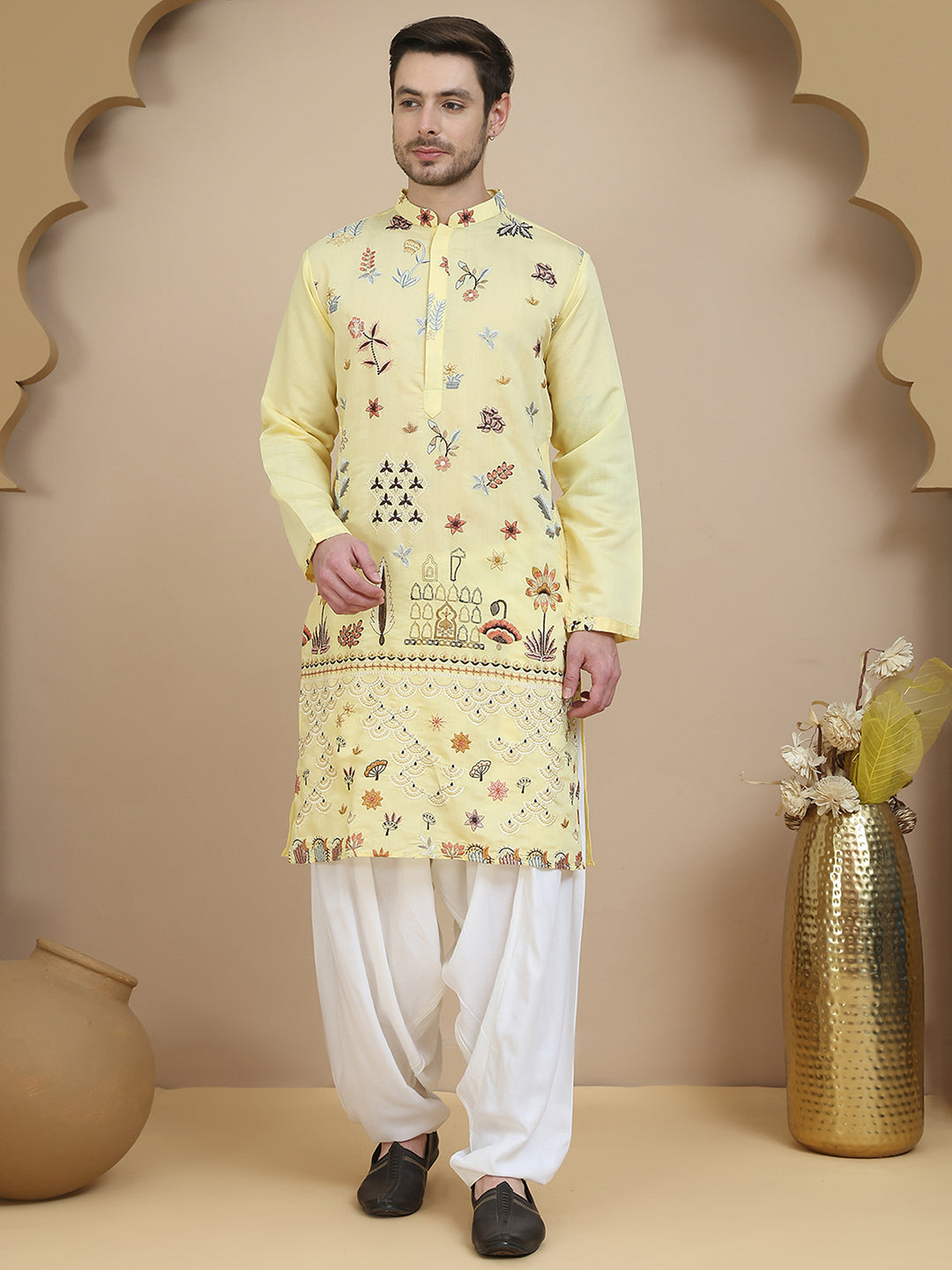 Embroidered Silk Blend Kurta with White Salwar ( JOKP SP-W 5140 Yellow )