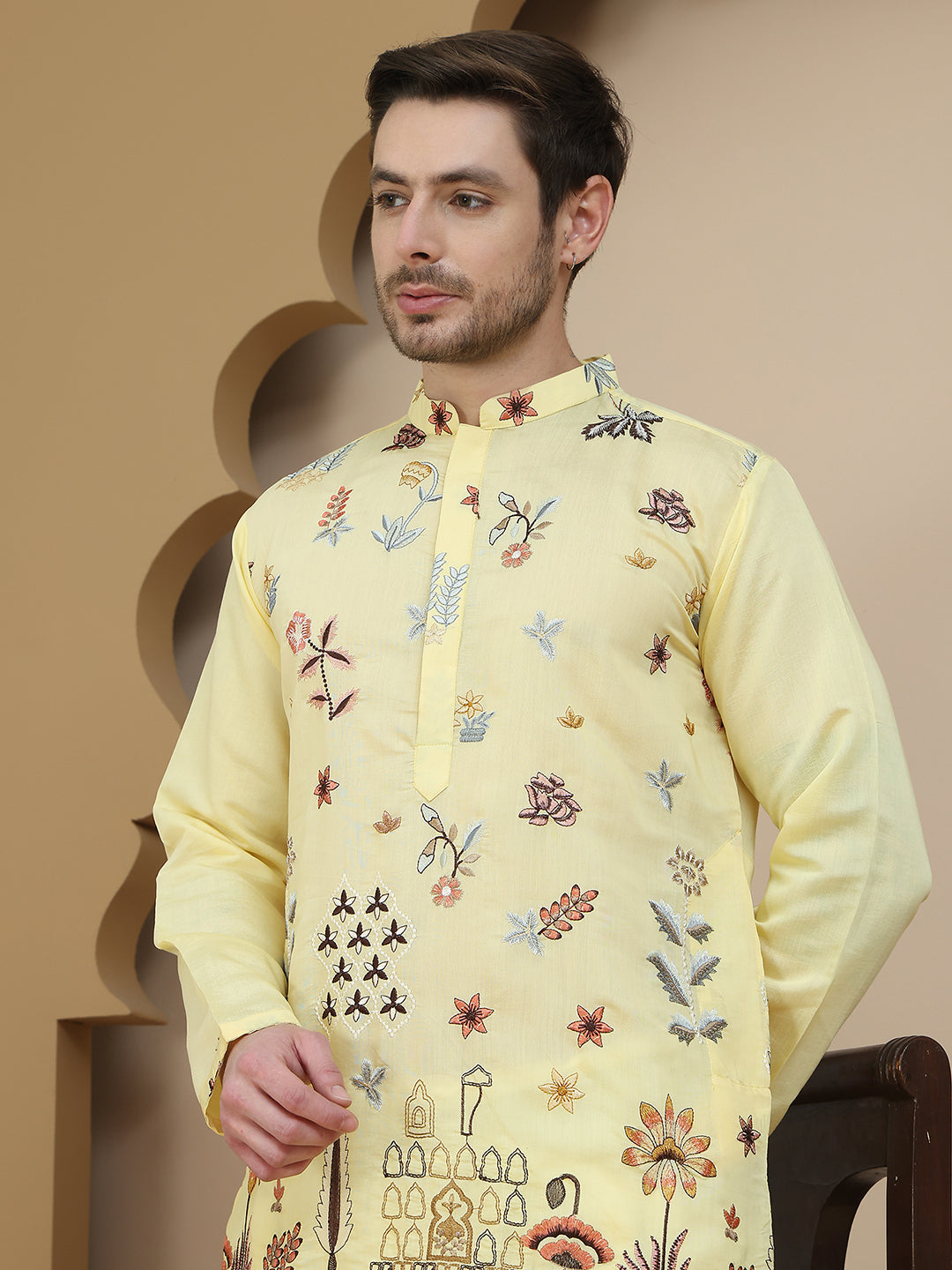 Embroidered Silk Blend Kurta with White Salwar ( JOKP SP-W 5140 Yellow )