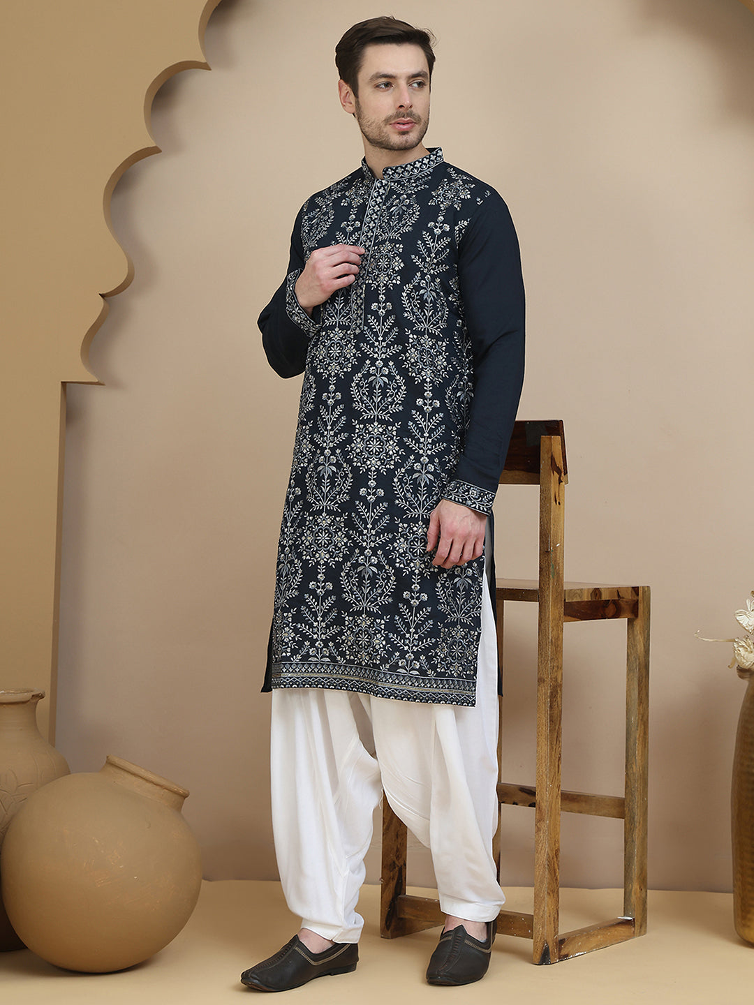 Embroidered Silk Blend Kurta with Salwar ( JOKP SP-W 5180 Navy )