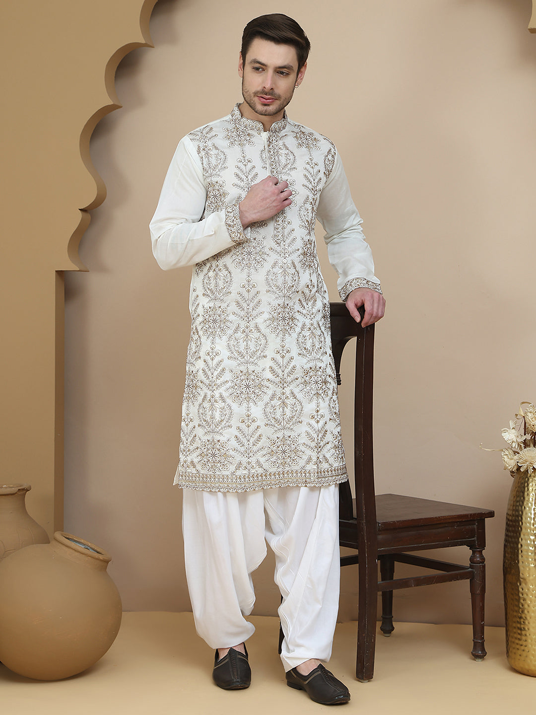 Embroidered Silk Blend Kurta with Salwar ( JOKP SP-W 5180 White )