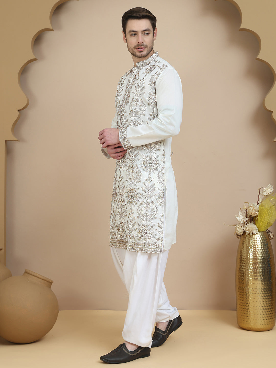 Embroidered Silk Blend Kurta with Salwar ( JOKP SP-W 5180 White )