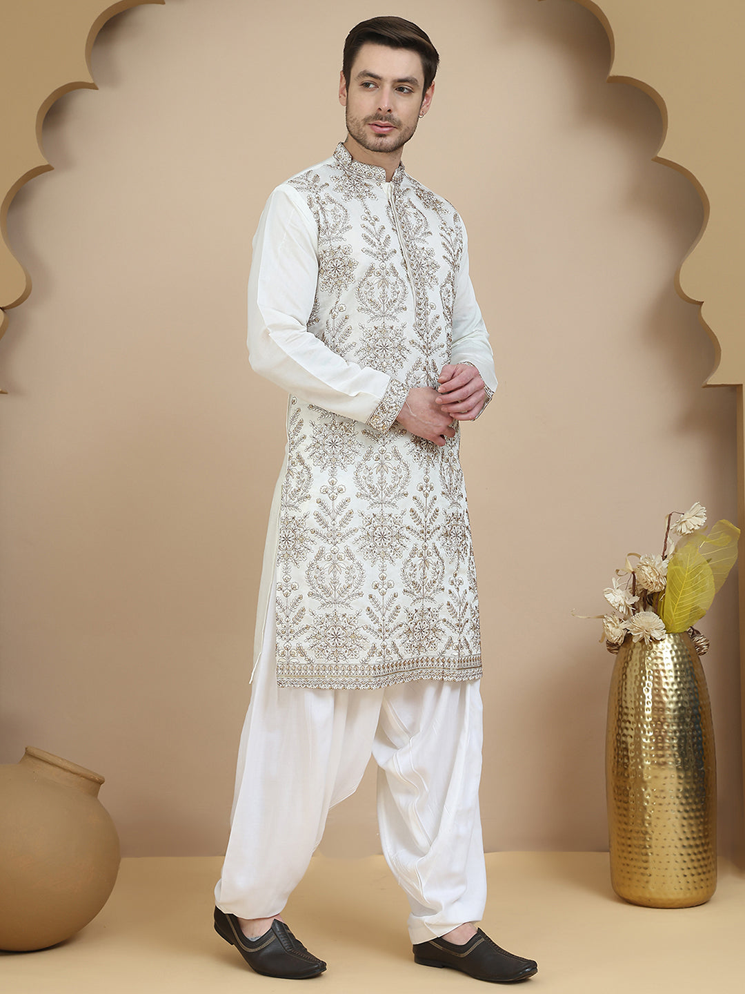 Embroidered Silk Blend Kurta with Salwar ( JOKP SP-W 5180 White )