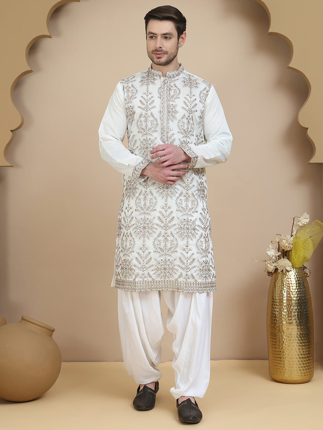 Embroidered Silk Blend Kurta with Salwar ( JOKP SP-W 5180 White )