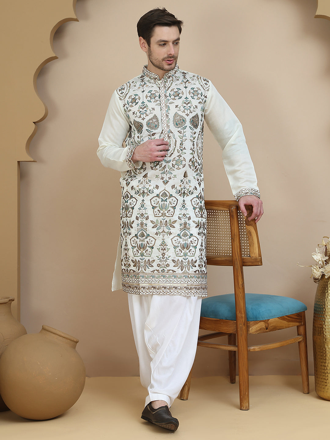 Floral Embroidered Straight Kurta With Salwar ( JOKP SP-W 5200 White )