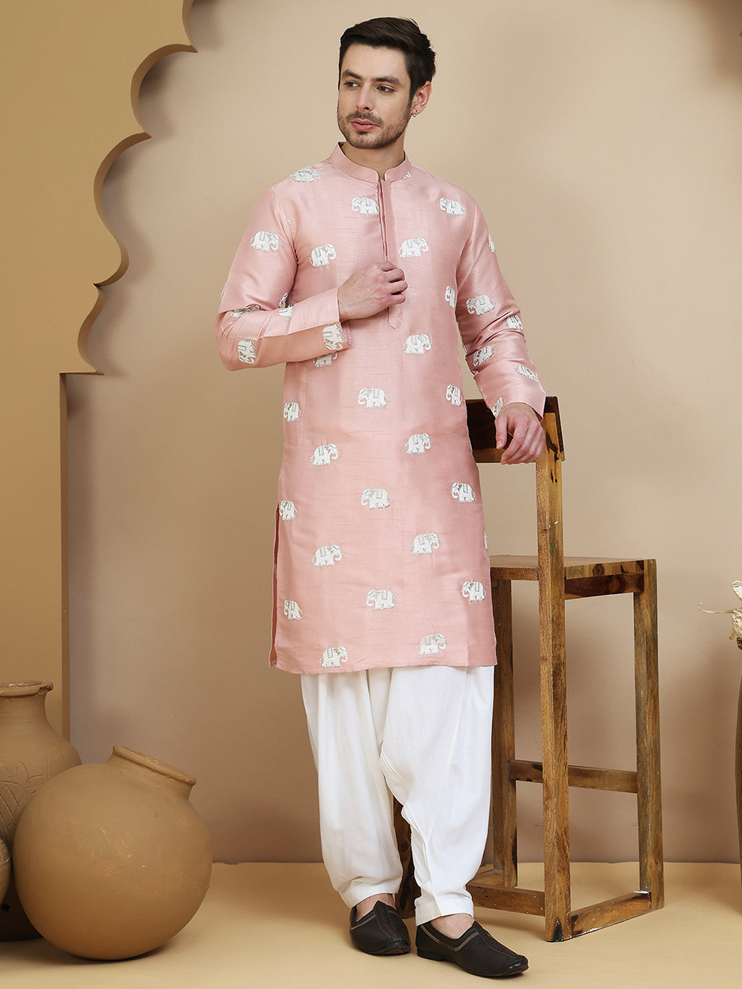 Elephant Embroidered Silk Blend Kurta Set for Men ( JOKP SP-W 5247 Peach )