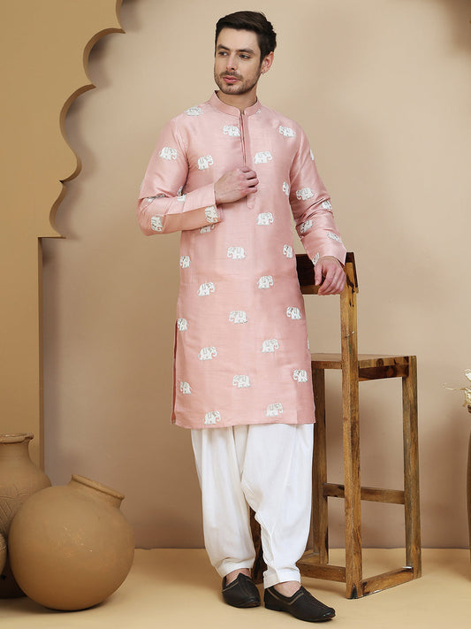 Elephant Embroidered Silk Blend Kurta Set for Men ( JOKP SP-W 5247 Peach )