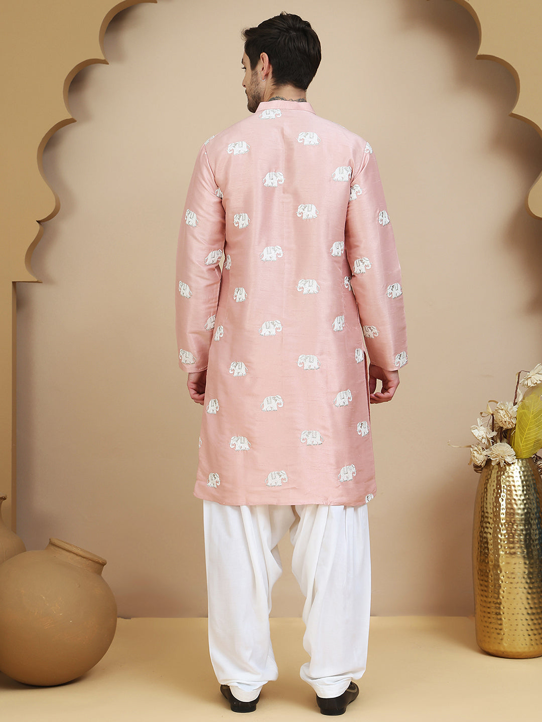 Elephant Embroidered Silk Blend Kurta Set for Men ( JOKP SP-W 5247 Peach )