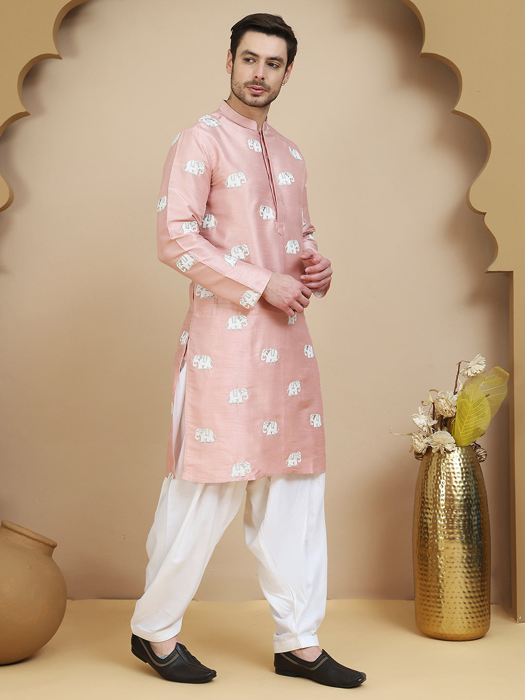 Elephant Embroidered Silk Blend Kurta Set for Men ( JOKP SP-W 5247 Peach )
