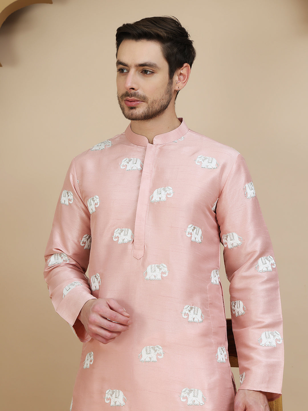 Elephant Embroidered Silk Blend Kurta Set for Men ( JOKP SP-W 5247 Peach )