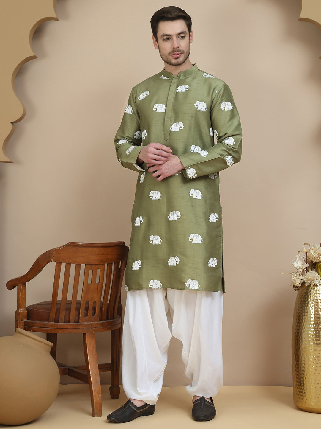 Elephant Embroidered Silk Blend Kurta Set for Men ( JOKP SP-W 5247 Pista )