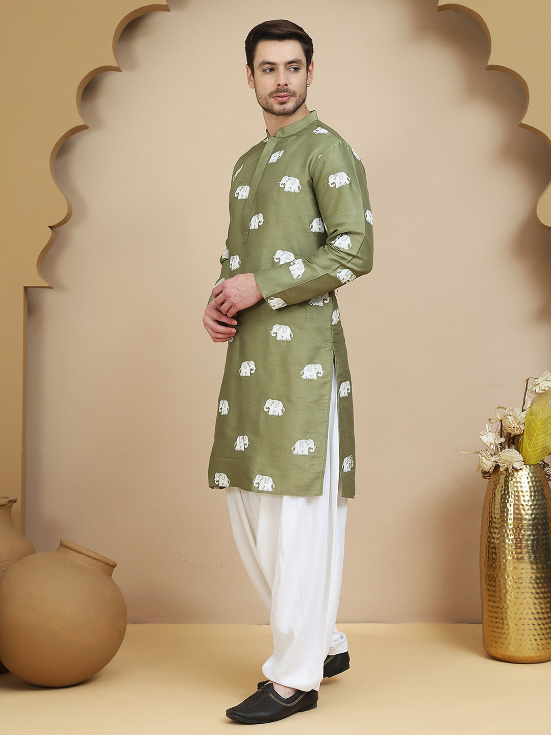 Elephant Embroidered Silk Blend Kurta Set for Men ( JOKP SP-W 5247 Pista )