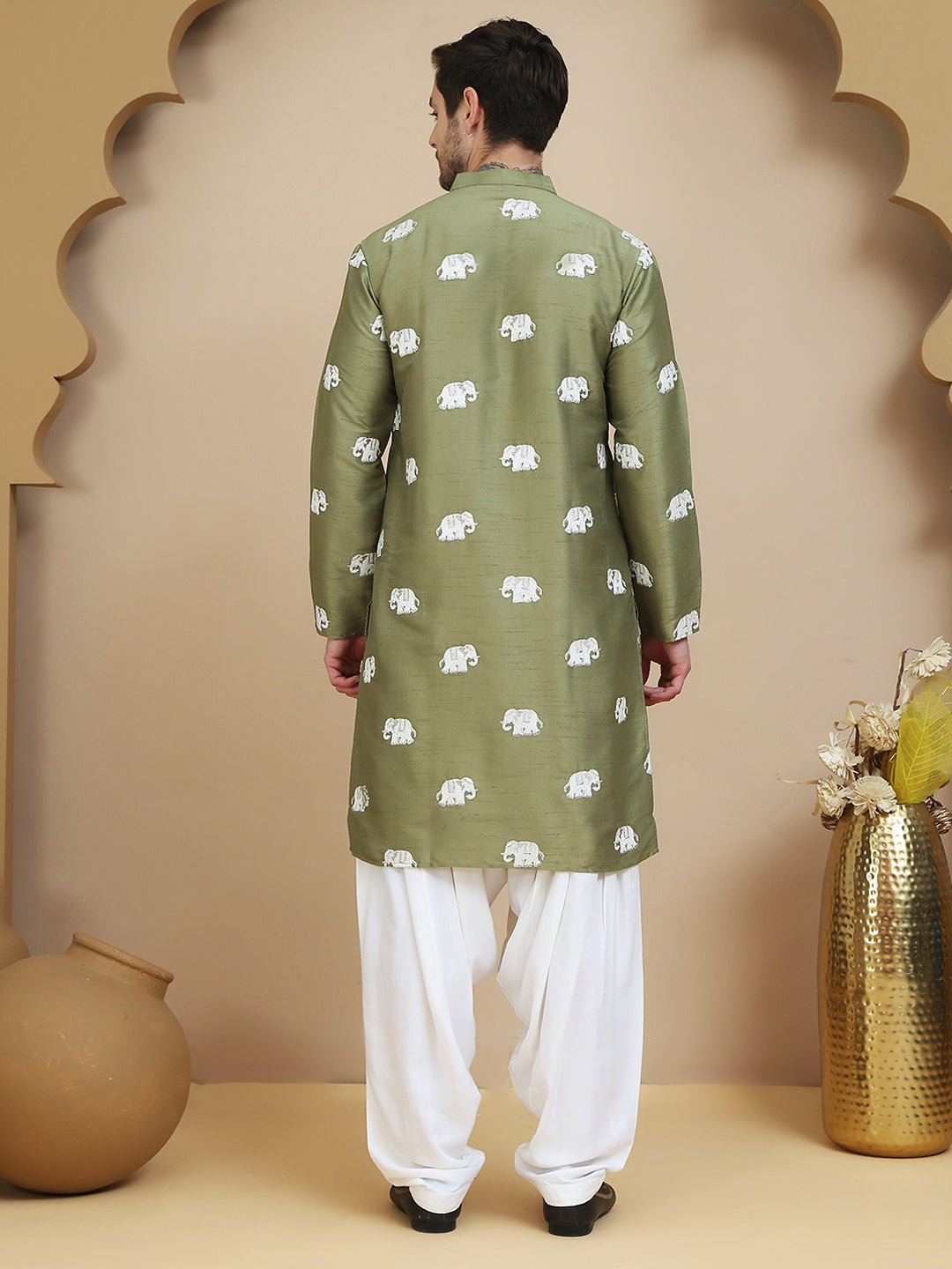 Elephant Embroidered Silk Blend Kurta Set for Men ( JOKP SP-W 5247 Pista )