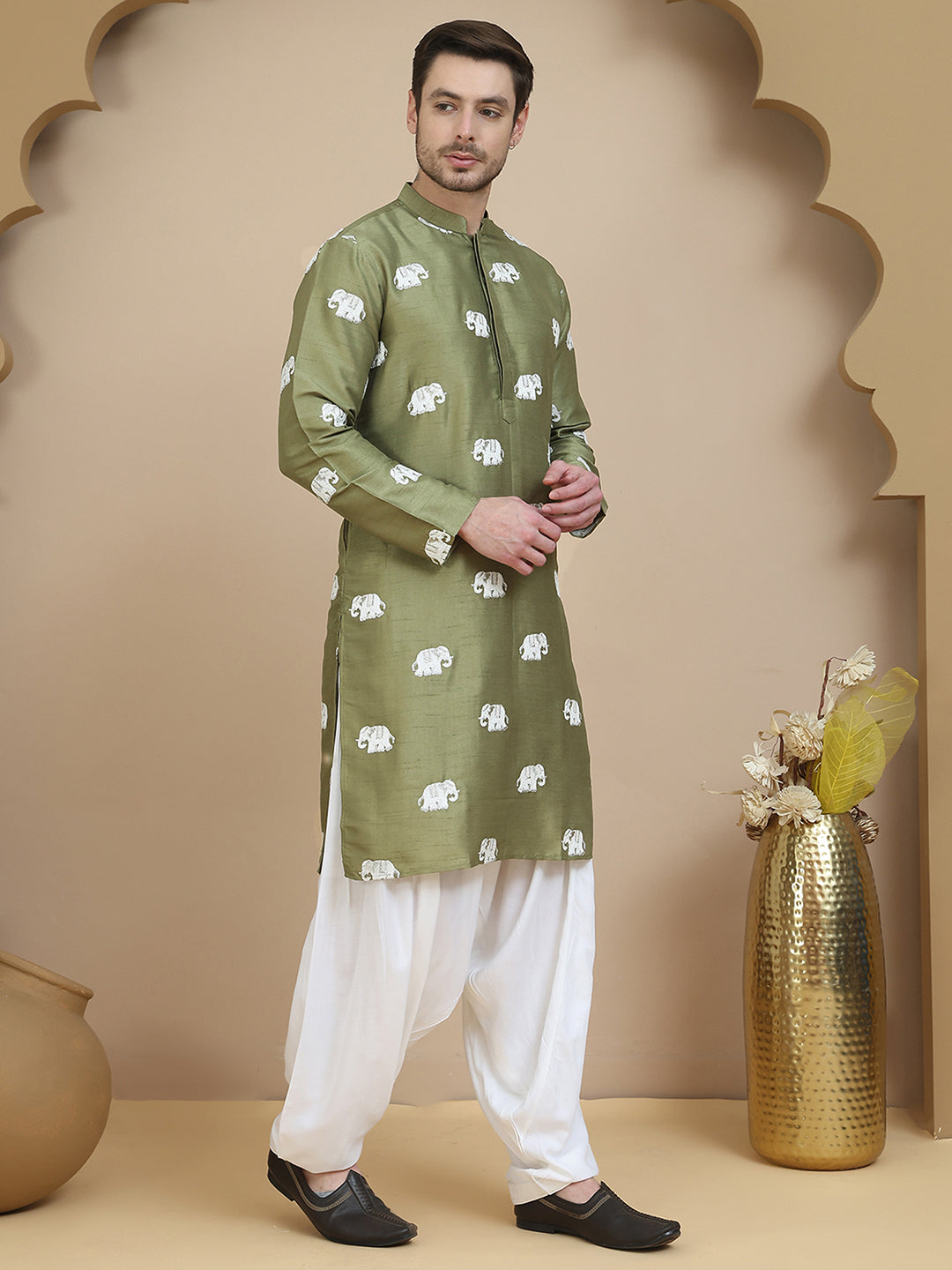 Elephant Embroidered Silk Blend Kurta Set for Men ( JOKP SP-W 5247 Pista )