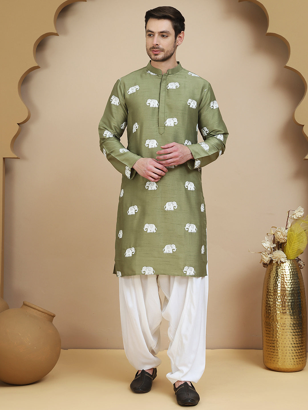 Elephant Embroidered Silk Blend Kurta Set for Men ( JOKP SP-W 5247 Pista )