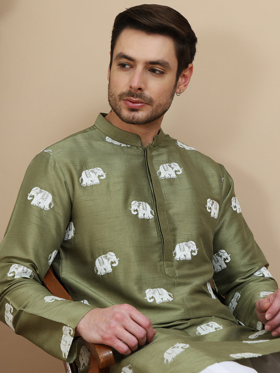 Elephant Embroidered Silk Blend Kurta Set for Men ( JOKP SP-W 5247 Pista )