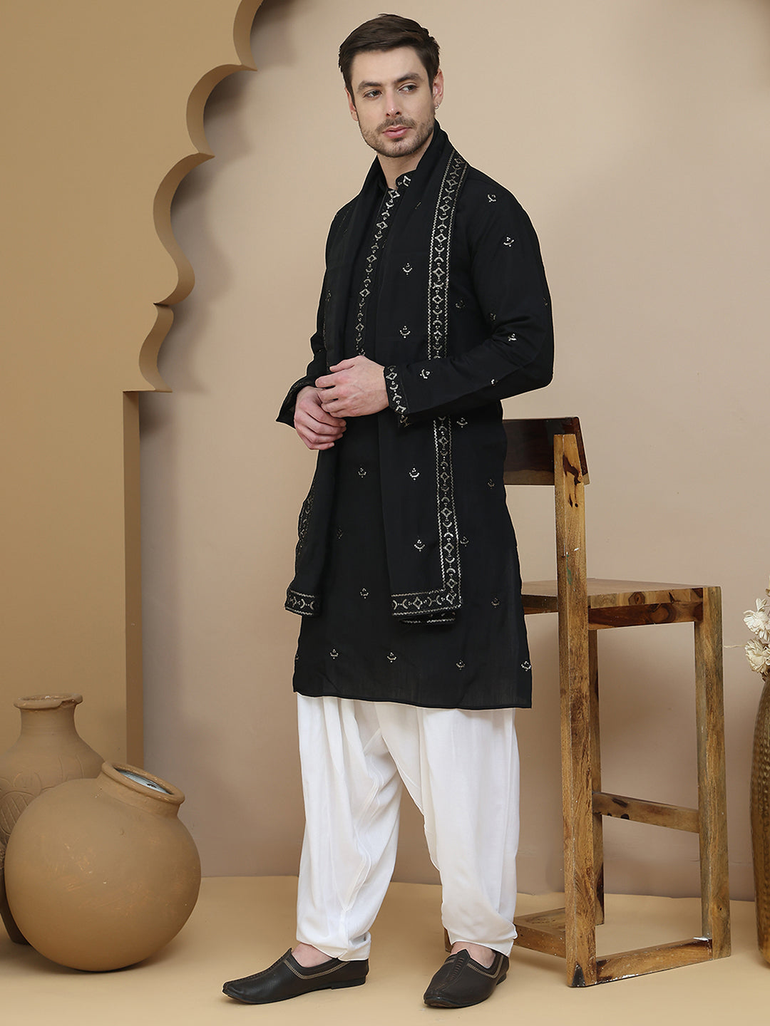 Embroidered Kurta Salwar and Dupatta Set for Men ( JOKP SP-W D 5088 Black )